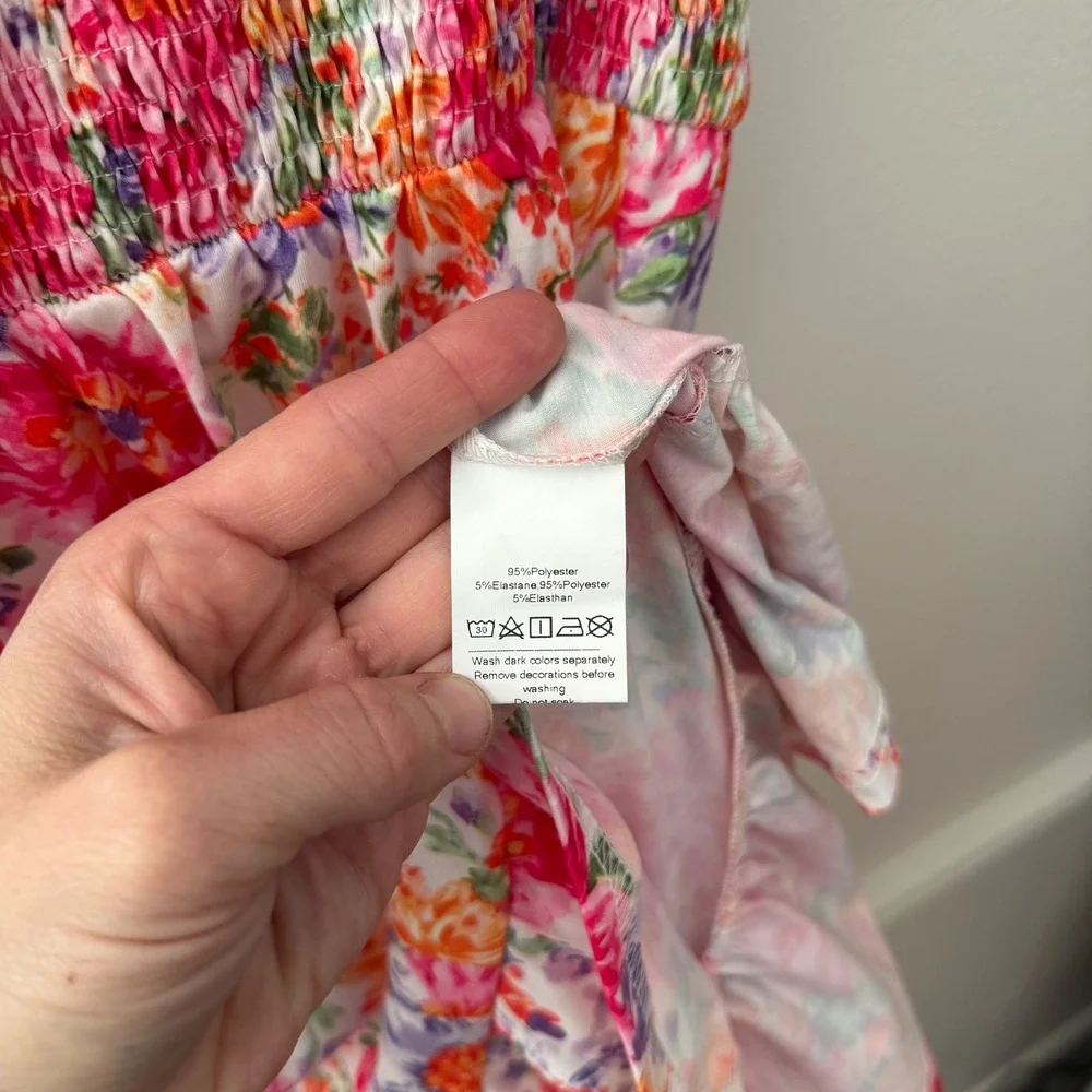 Grace Karin Floral Smocked Square Neck Flutter Sleeve Midi‎ Dress Women M